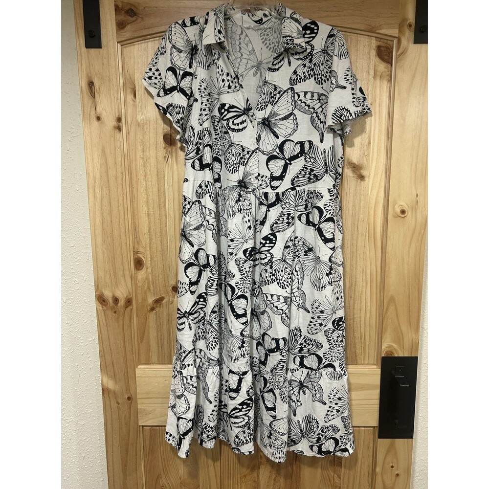 Jane & Delancey Black White Butterfly Print Dress Maxi Dress Short Sleeves 1XL